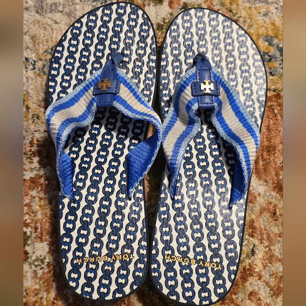 Tory Burch Blue Sandals with Chain-Link Pattern